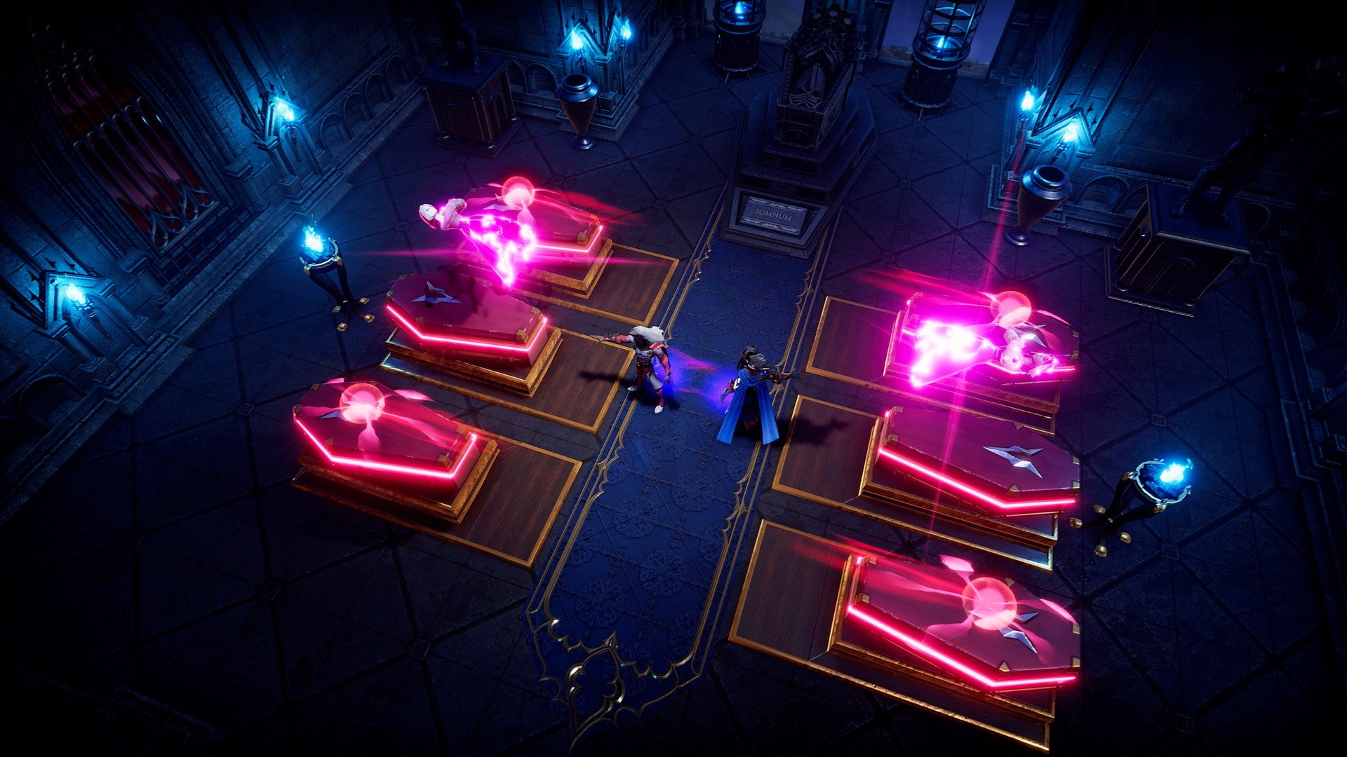 V Rising, several coffins within a Vampire castle are glowing as servants rise out of them, two characters are in the middle of the coffin rows