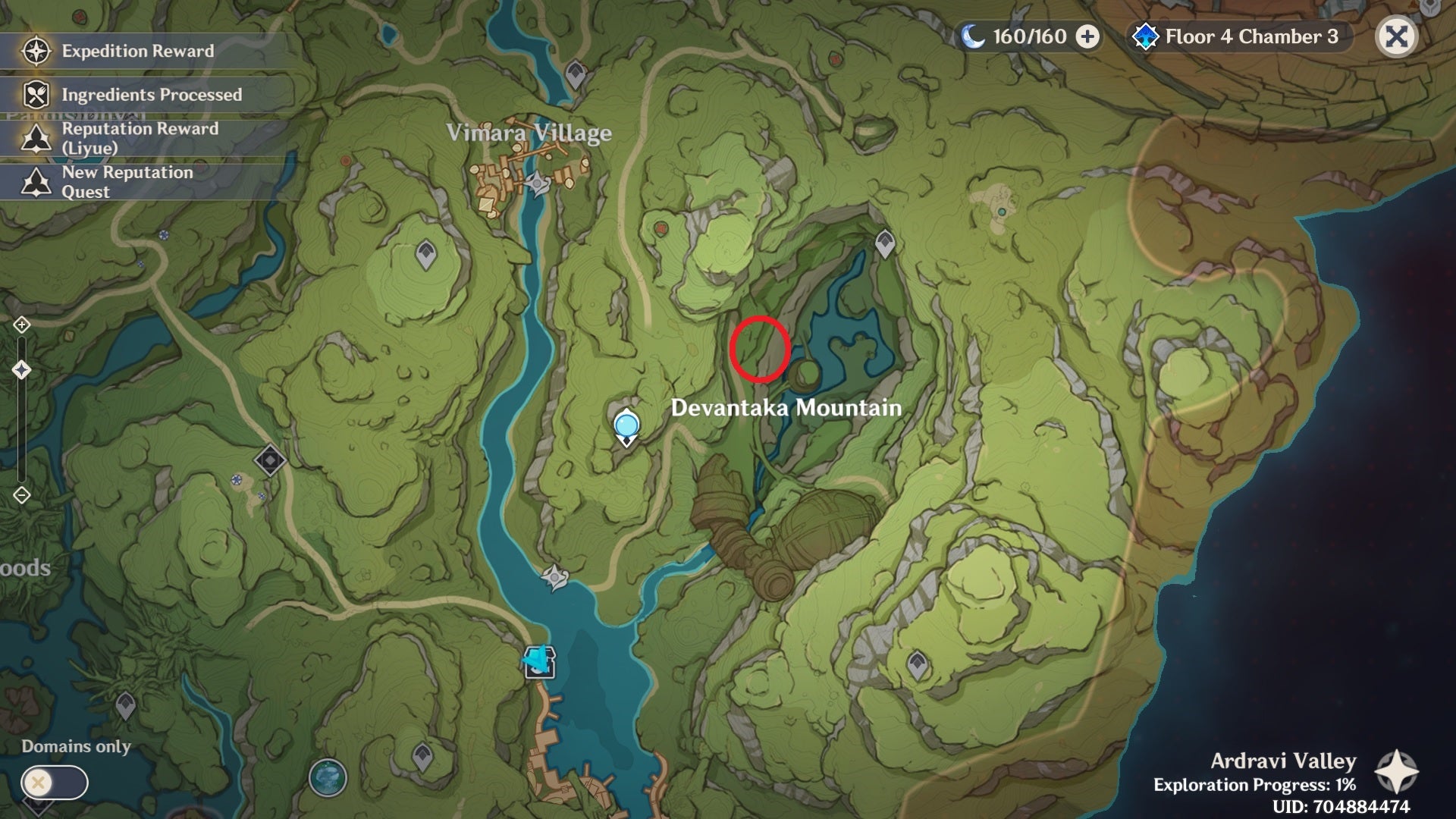 Vimana Agama quest location in circled on map (genshin impact)