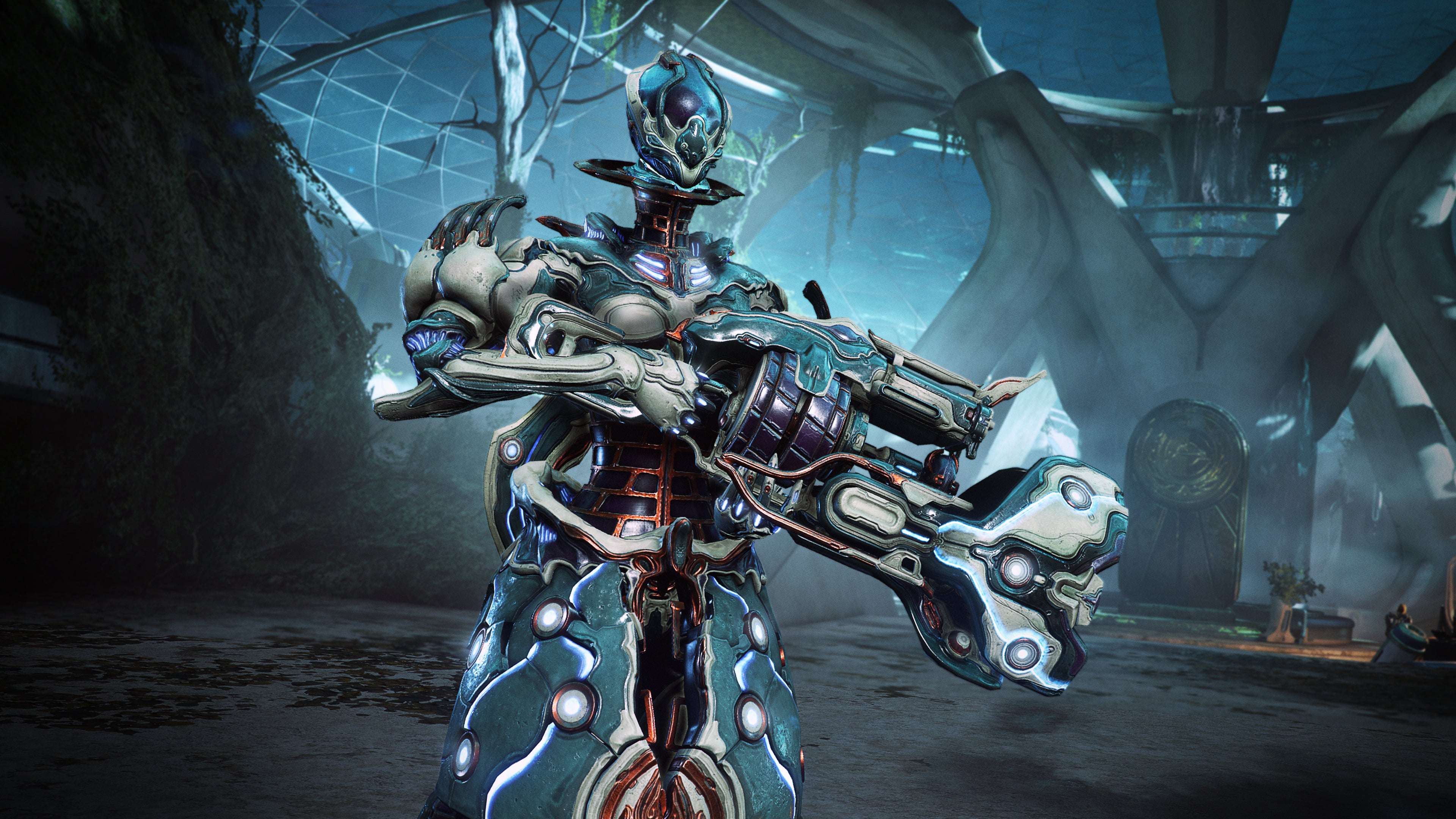 A shot of the new Warframe - Gyre - pointing his new rifle towards the camera.