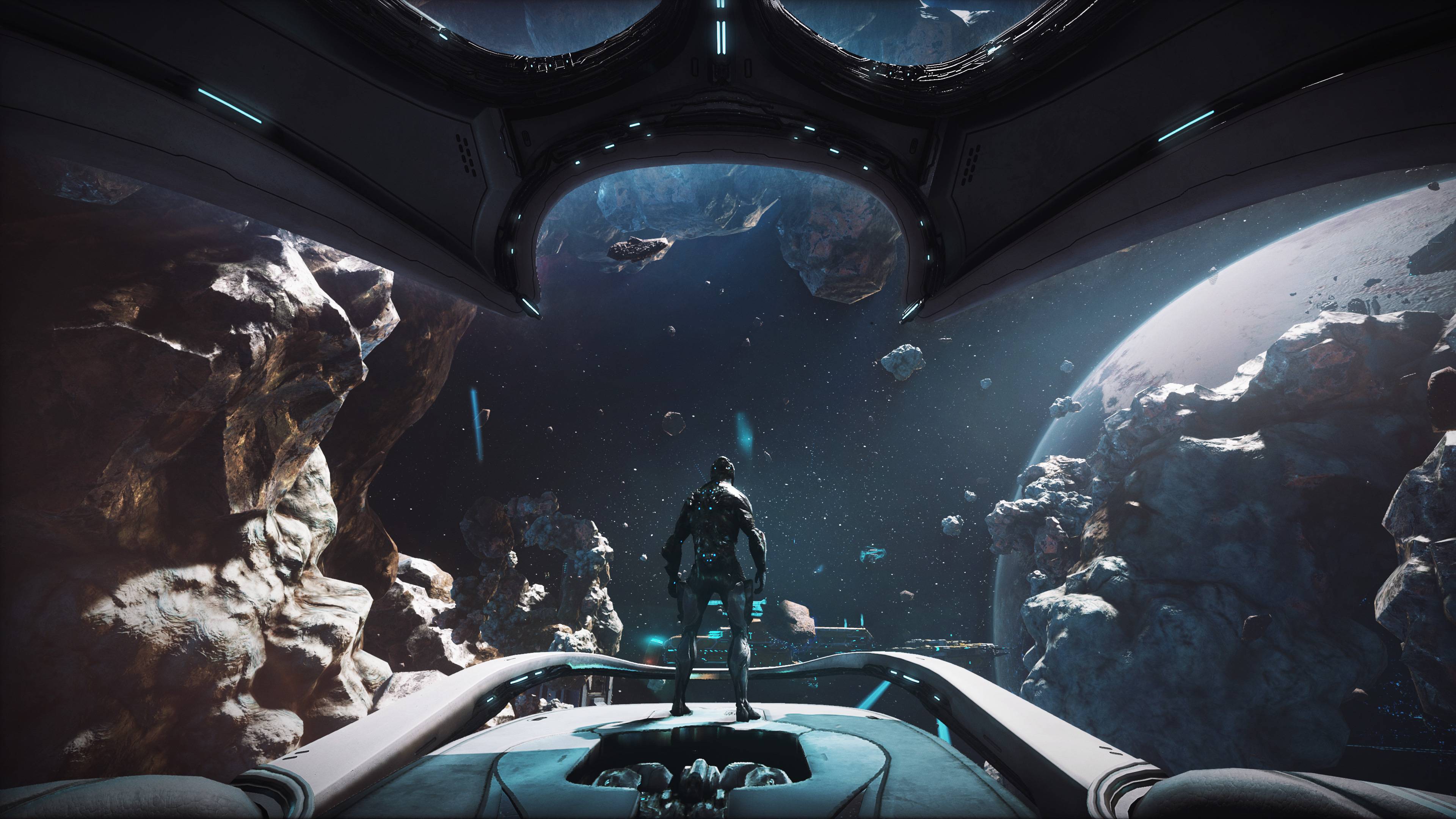 view from the Railjack dront window in Warframe