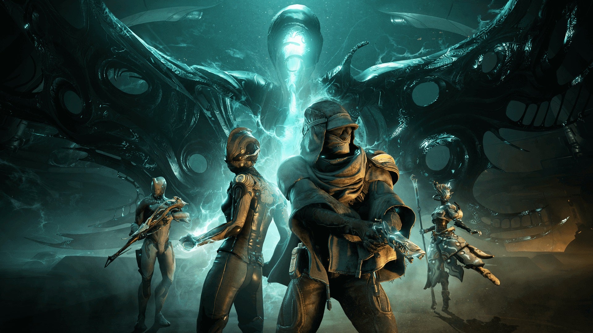 The header image for the Zariman update, with the new Warframe, the player, as well as a mysterious stranger in the foreground.