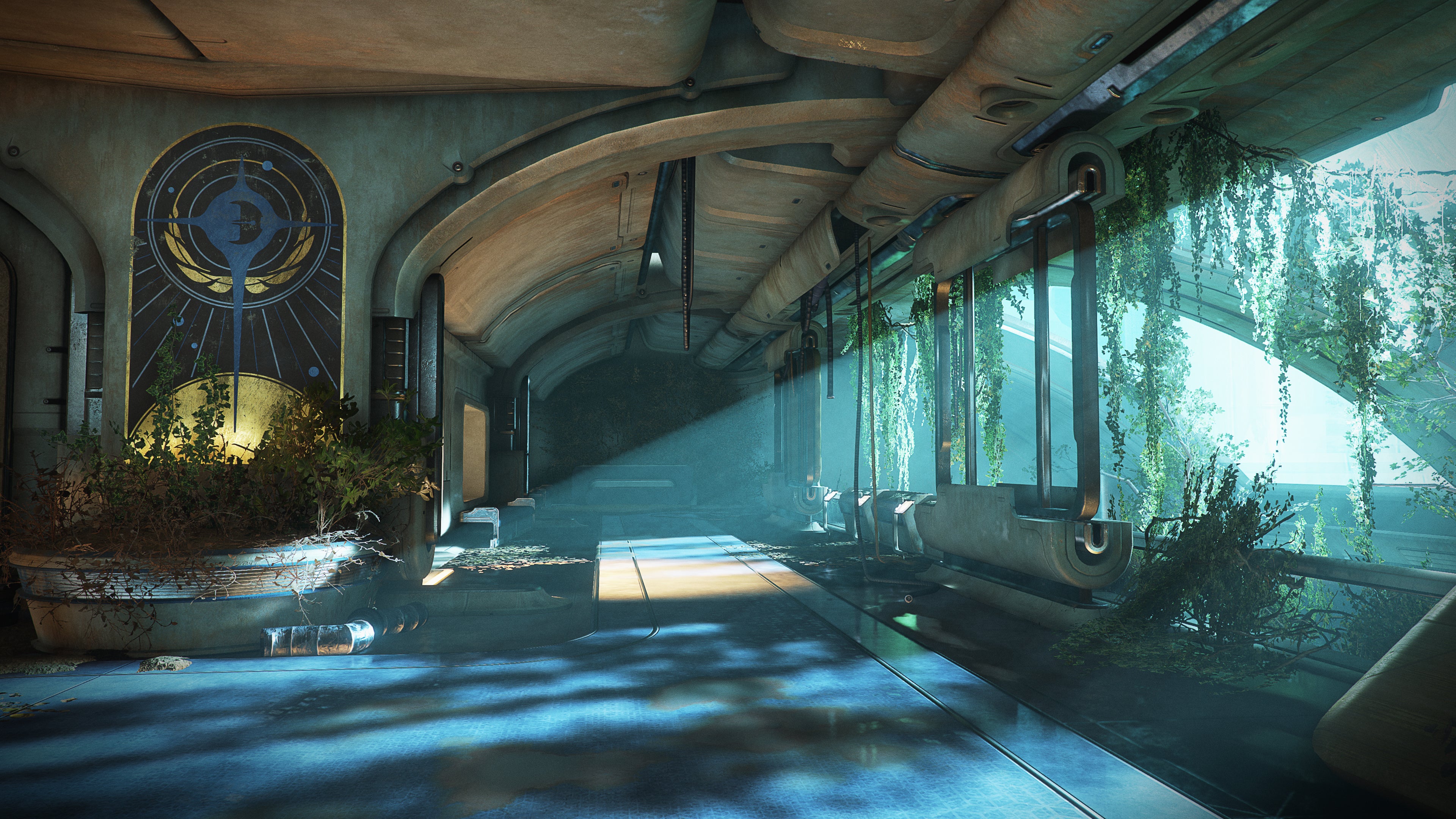 A shot of a new apartment in Warframe, with a wide open window casting light on the furniture inside.