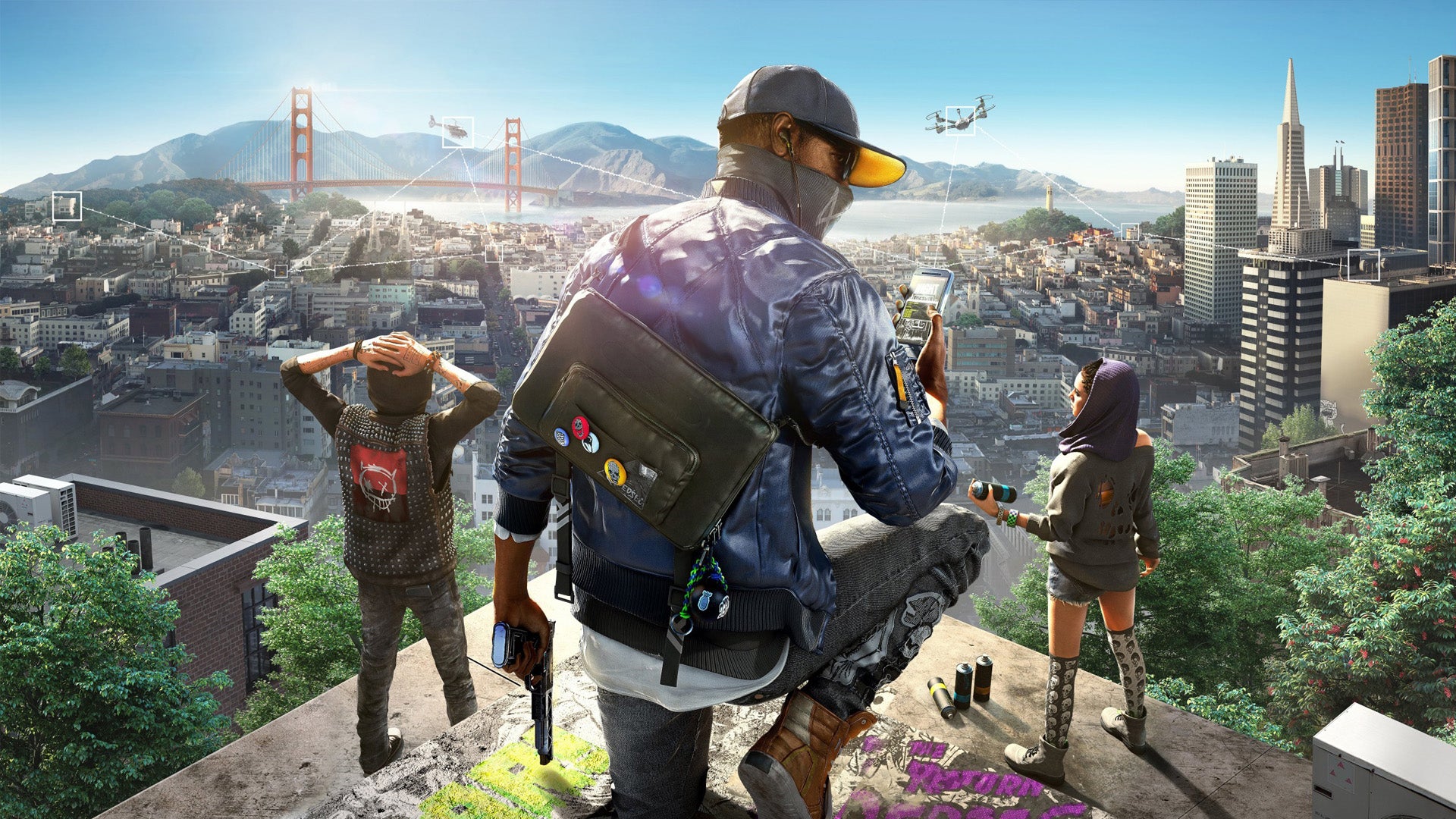 Key art of Watch Dogs 2 showing the protagonist with his back to the camera looking over San Francisco.