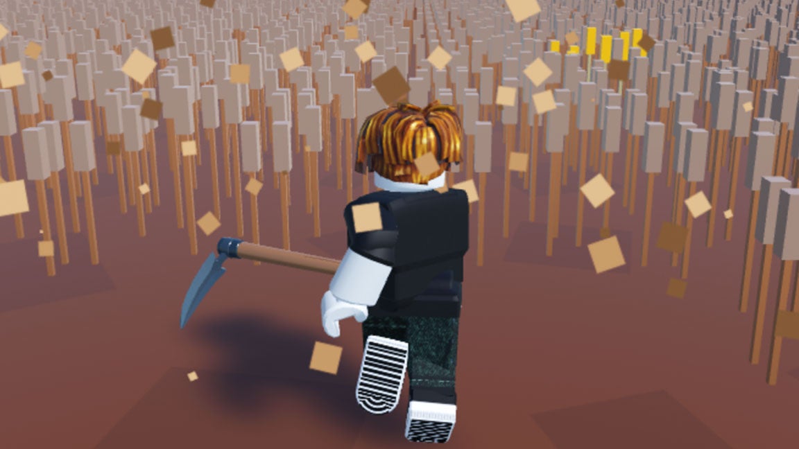 Image of a Roblox character cutting wheat in the game Wheat Farming Simulator.