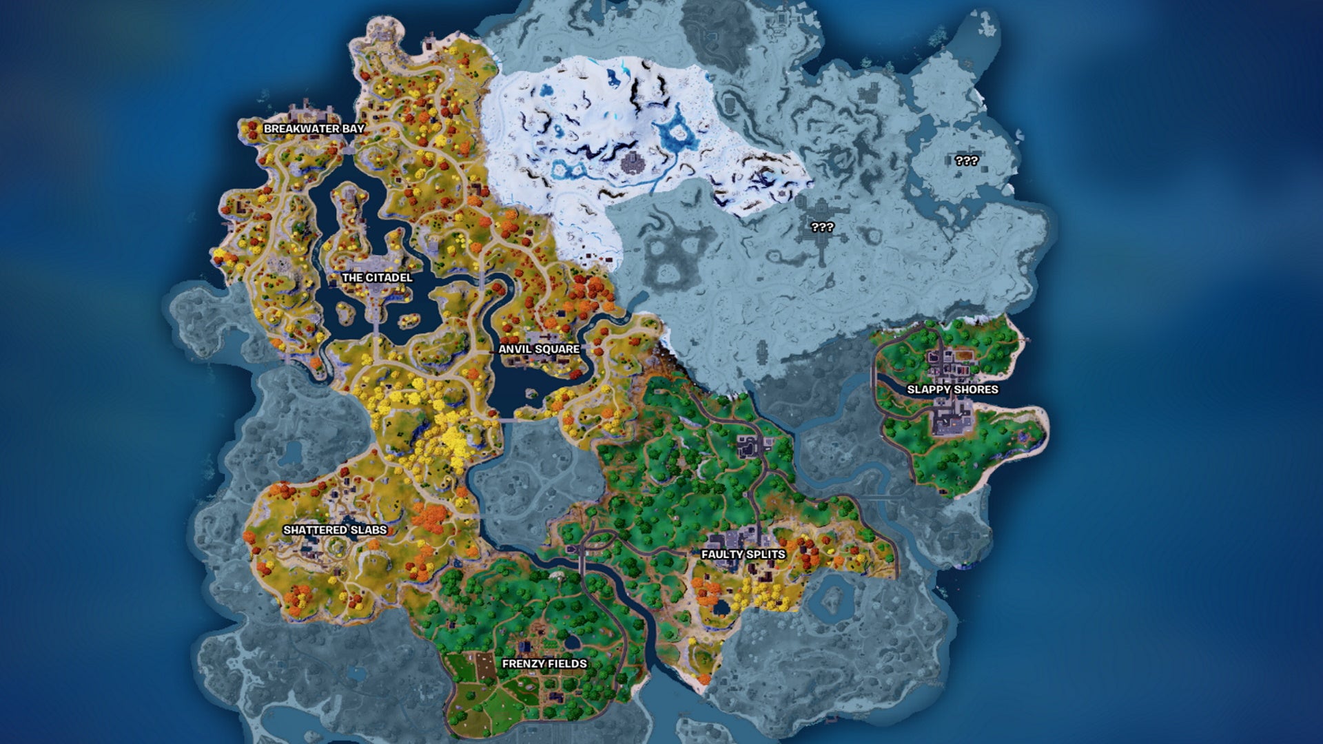 Fortnite dirt bike locations: A map showing the Fortnite chapter 4 map, including snowy regions where you can find dirt bikes