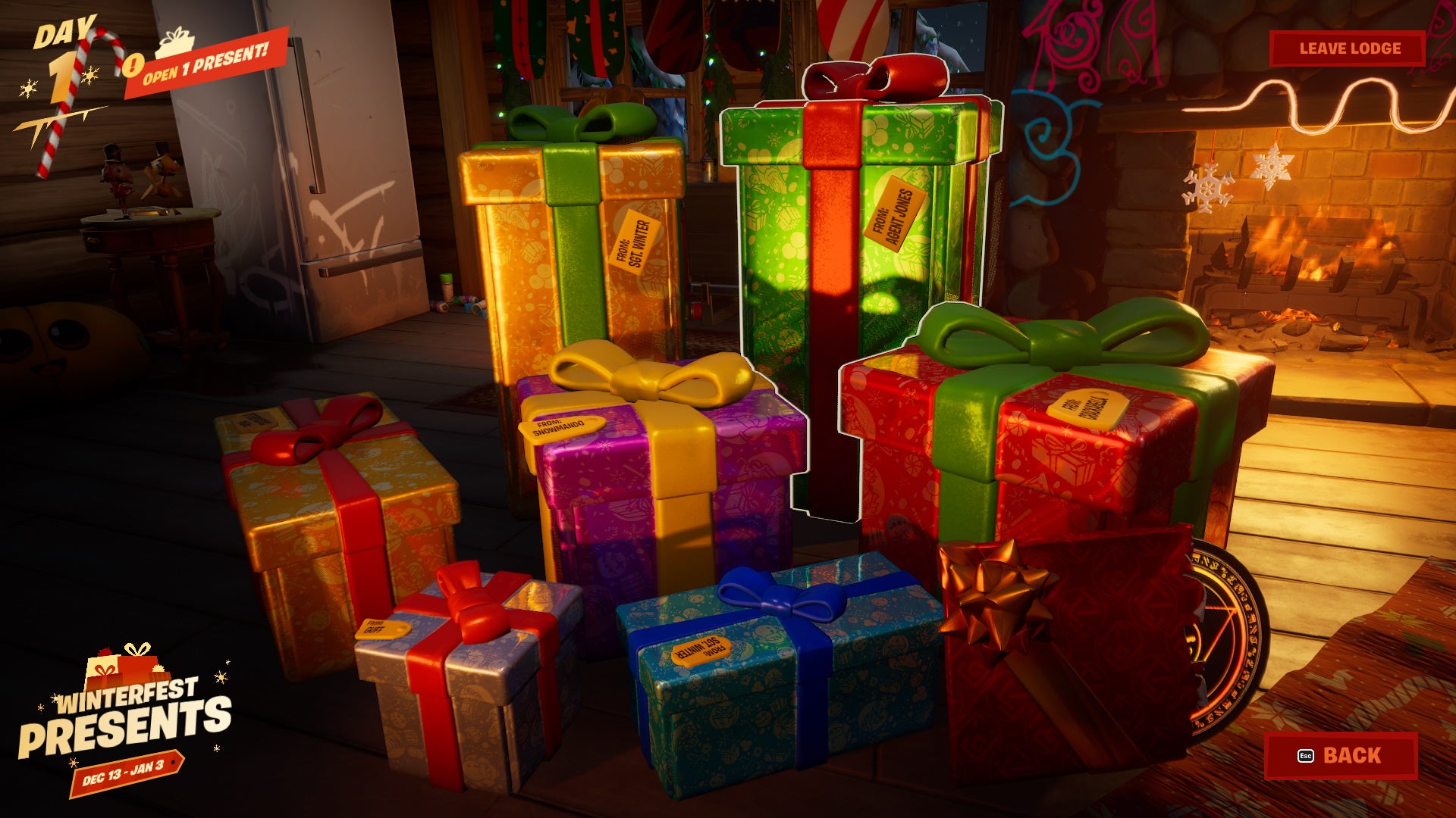 Fortnite Winterfest 2022 presents: Eight boxes wrapped in red, gold, and green paper are illuminated by a nearby fireplace.