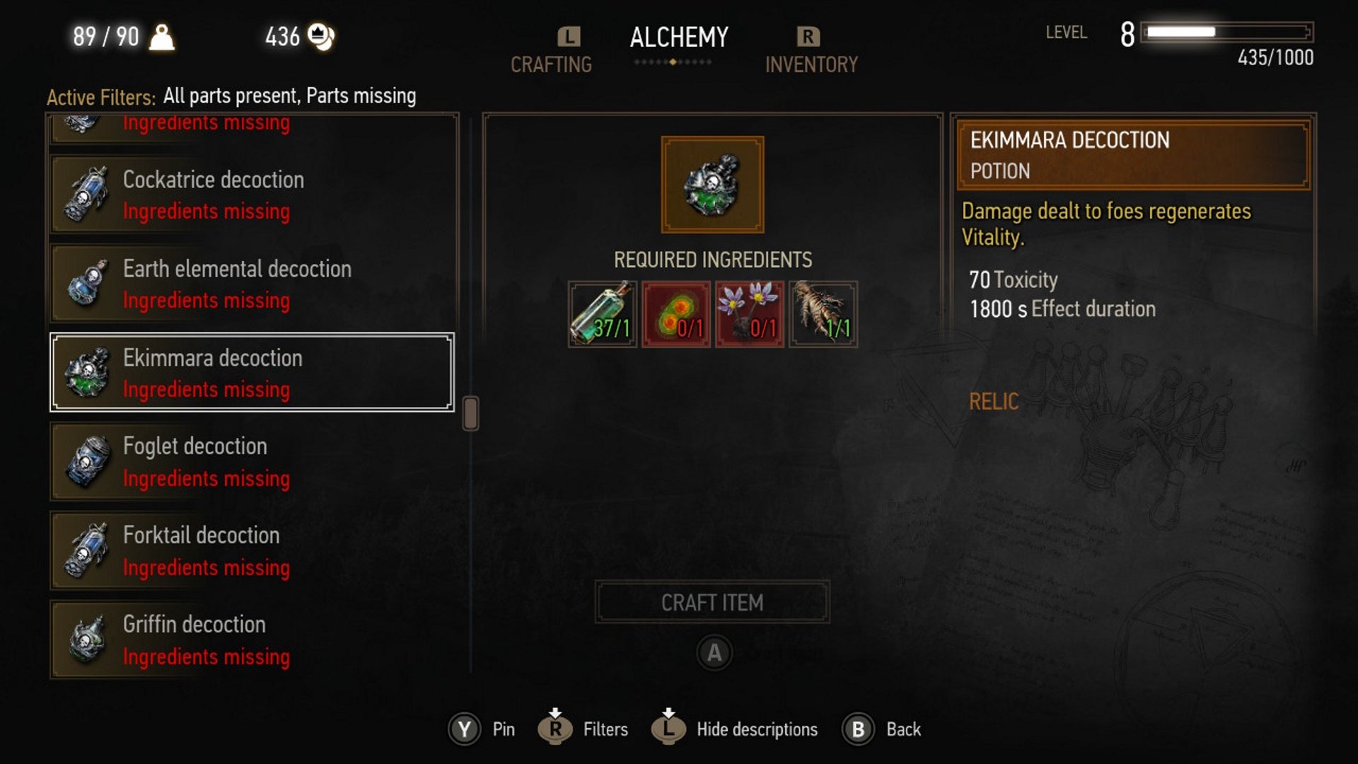 Witcher 3 alchemy: A menu image is shown, with the cursor highlighting the Ekimmara Decoction, an item used to drain health from enemies while Geralt attacks them