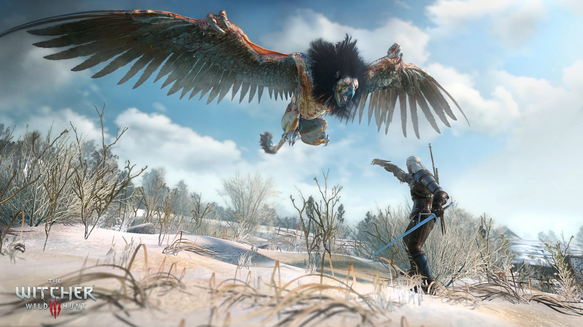 The Witcher 3 death's bed and swallow potion: A large brown winged beast with a lion's tale approaches a man wearing black armor. The man is pointing a crossbow at it