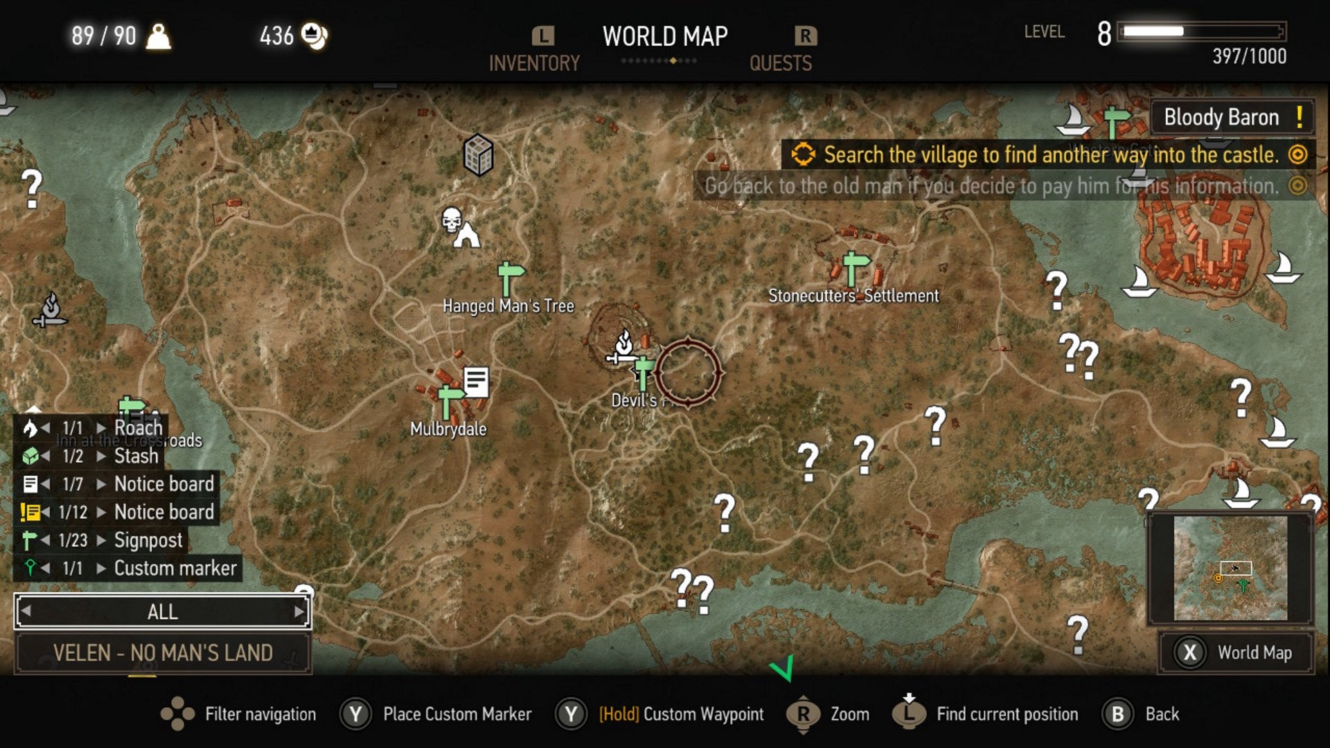 Witcher 3 Netflix quest: Um mapa é mostrado, com o cursor sobre a área do Devil's Pit.  Nas proximidades estão a Mulberry e a Árvore do Enforcado