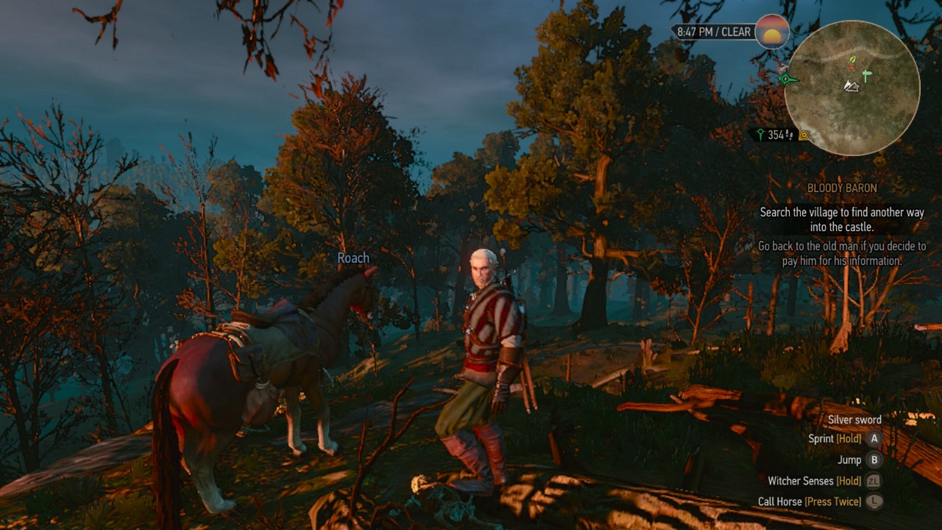 The Witcher 3 saddlebags: A man wearing red and white striped clothing is standing next to a horse. Both are in the middle of a swampy area surrounded by trees bathed in the red glow of sunset