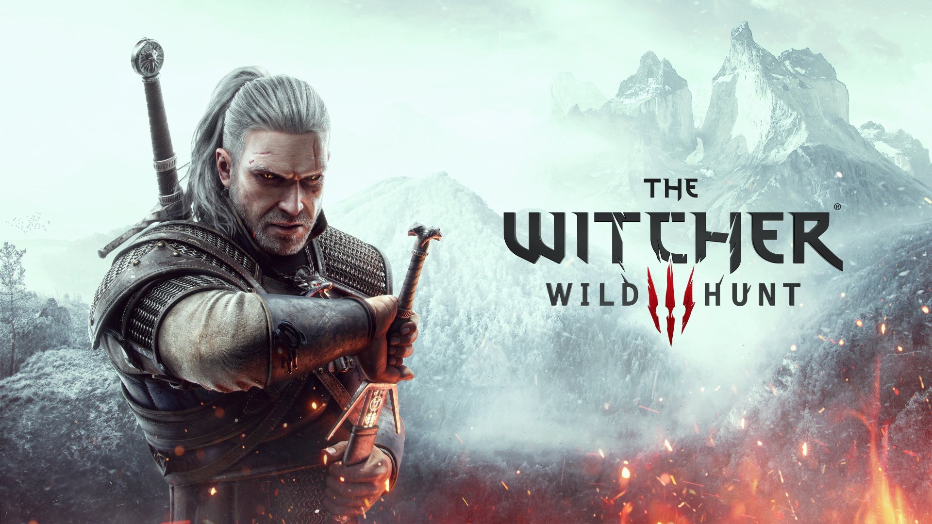 The Witcher 3 tips for beginners: A man with long silver hair, wearing plate armor, has his hand on a sword hilt. Behind him is a range of snow-covered mountains.