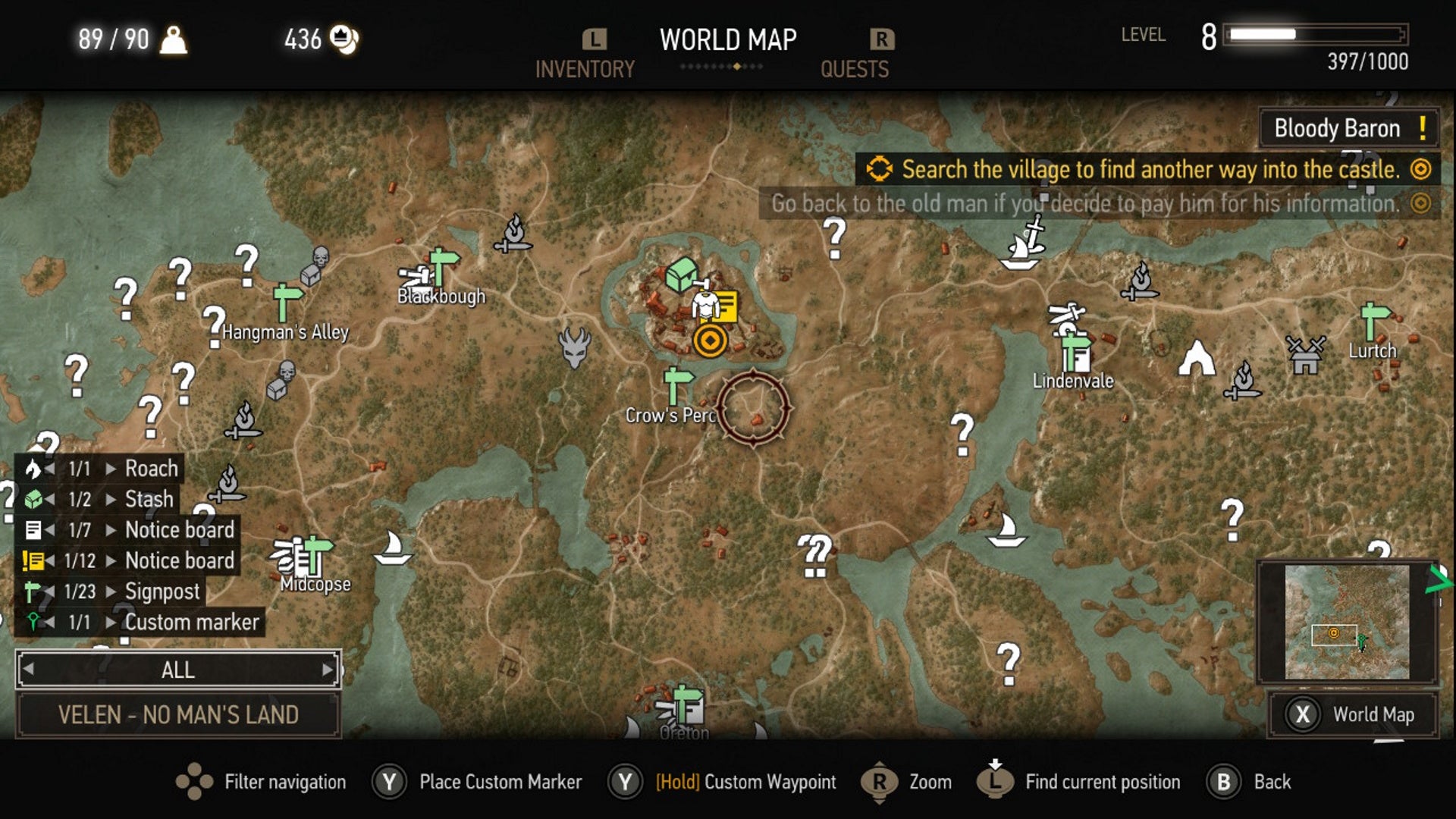 The Witcher 3 saddlebags: A map is shown, depicting areas around Novigrad. The Crow's Perch region is in the center
