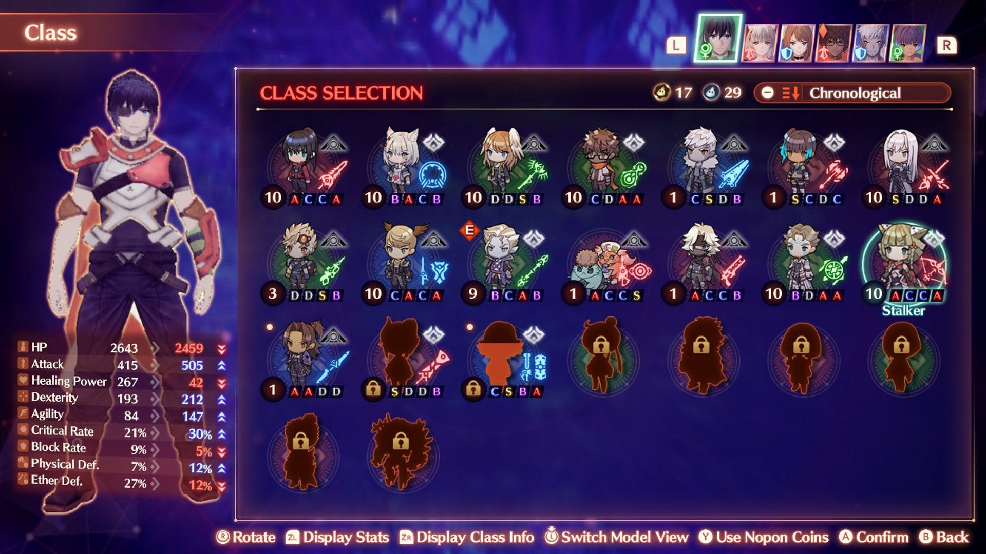 Xenoblade 3 arts: The Stalker class selection screen