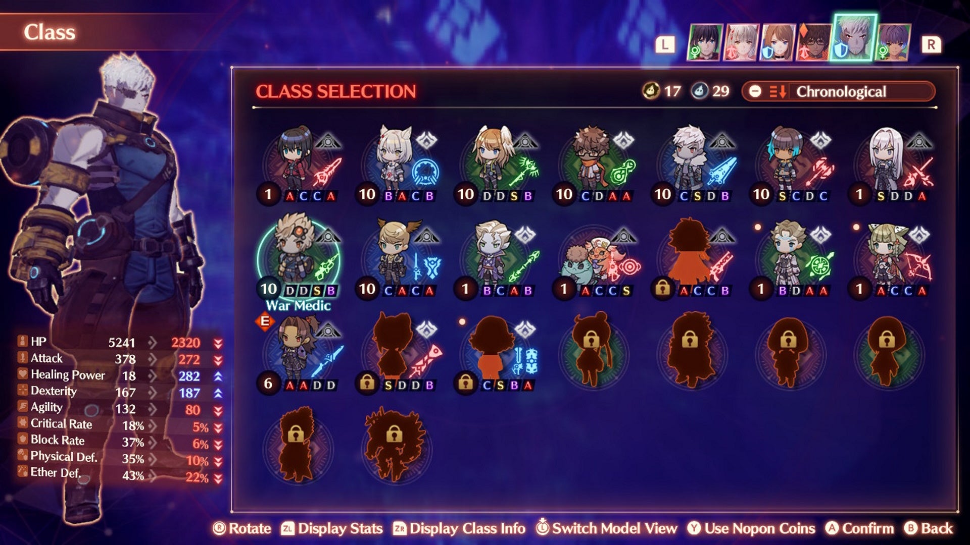Xenoblade 3 arts: The War Medic class selection screen