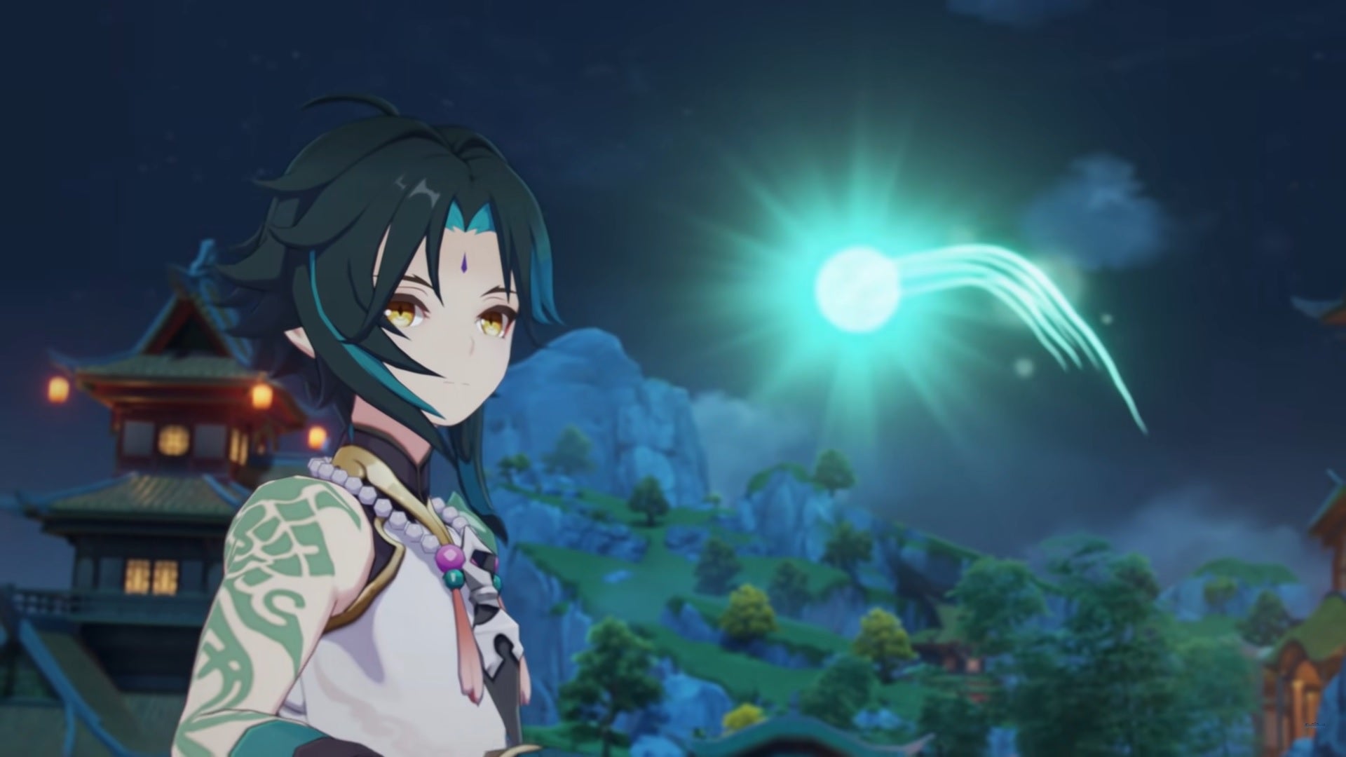 Xiao looking at some strange energy, as part of the version 1.3 trailer for Genshin Impact